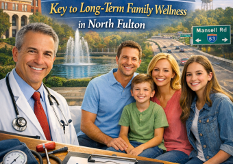 Happy family with a doctor in North Fulton promoting annual physicals for long-term wellness.