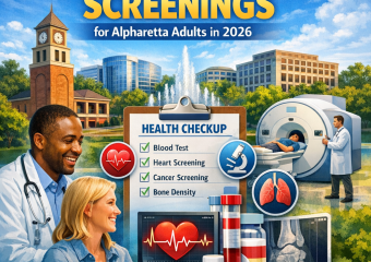 Chart displaying essential health screenings for Alpharetta adults in 2026, including tests for blood, heart, cancer, and bon