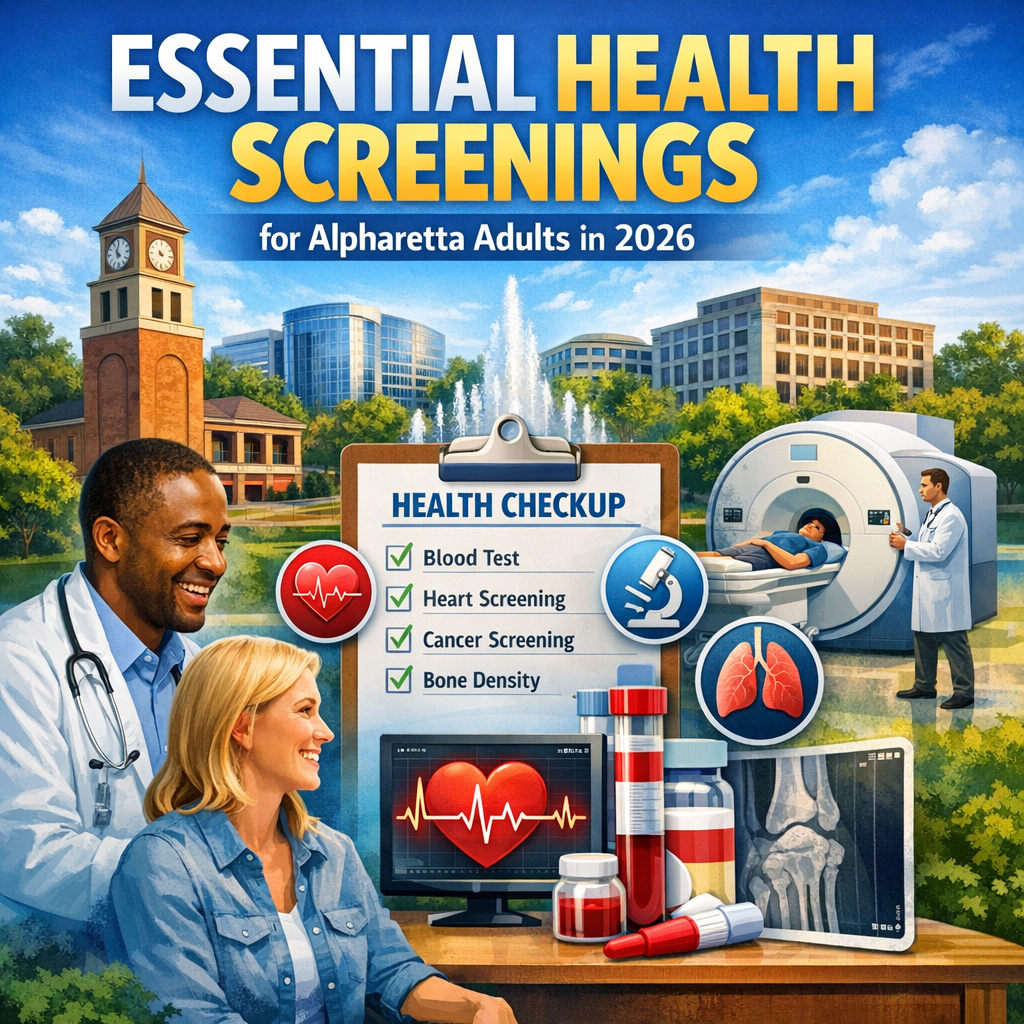 Chart displaying essential health screenings for Alpharetta adults in 2026, including tests for blood, heart, cancer, and bon