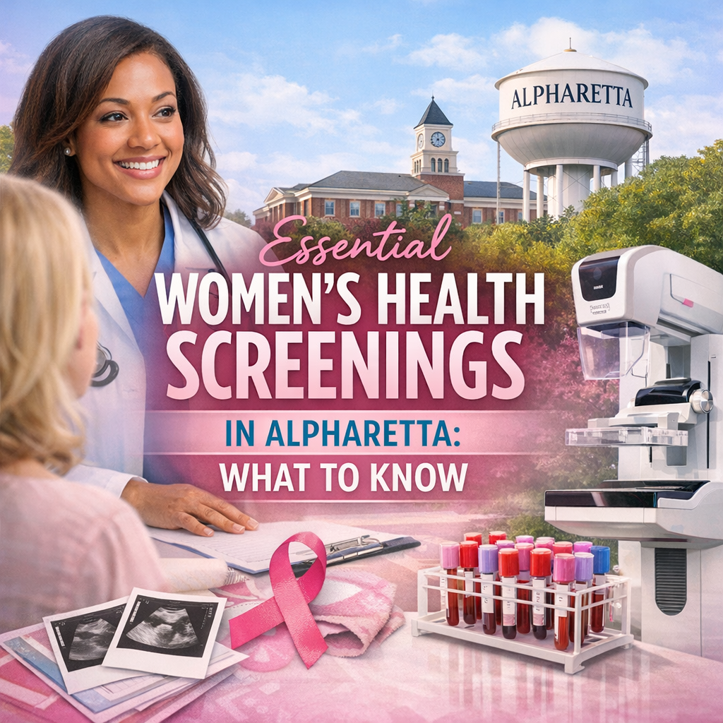 Doctor consulting a female patient in a clinic with a poster of women's health screenings on the wall.