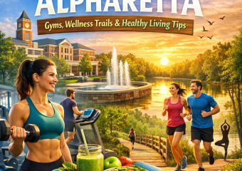 Aerial view of Alpharetta showing parks, a gym, and walking trails.