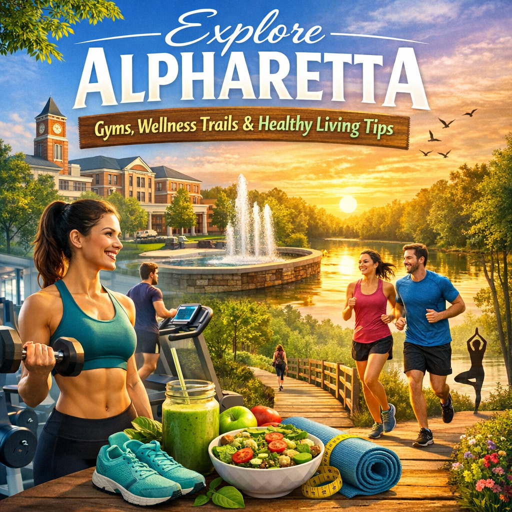 Aerial view of Alpharetta showing parks, a gym, and walking trails.