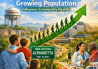 Illustration of Alpharetta cityscape with diverse residents, healthcare workers, indicating population growth impact on healt