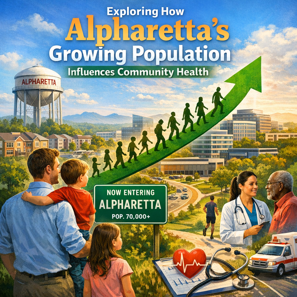 Illustration of Alpharetta cityscape with diverse residents, healthcare workers, indicating population growth impact on healt