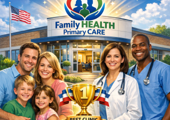 Award banner at Family Health Primary Care with diverse healthcare team and smiling patients.