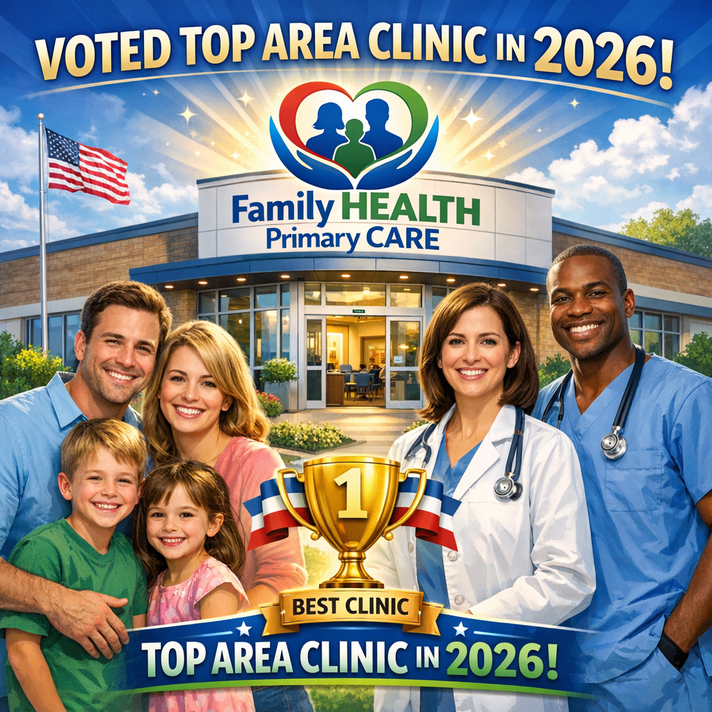 Award banner at Family Health Primary Care with diverse healthcare team and smiling patients.