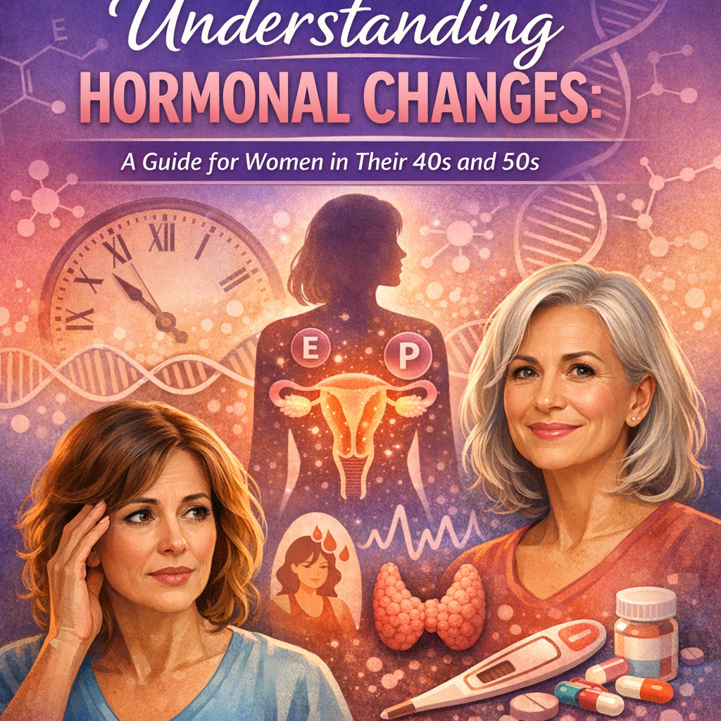 Illustration of two mature women discussing hormonal changes, with medical symbols in the background.