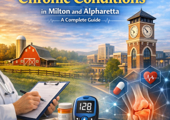 Cover of a guide showing medical tools and landmarks of Milton and Alpharetta for chronic condition management.