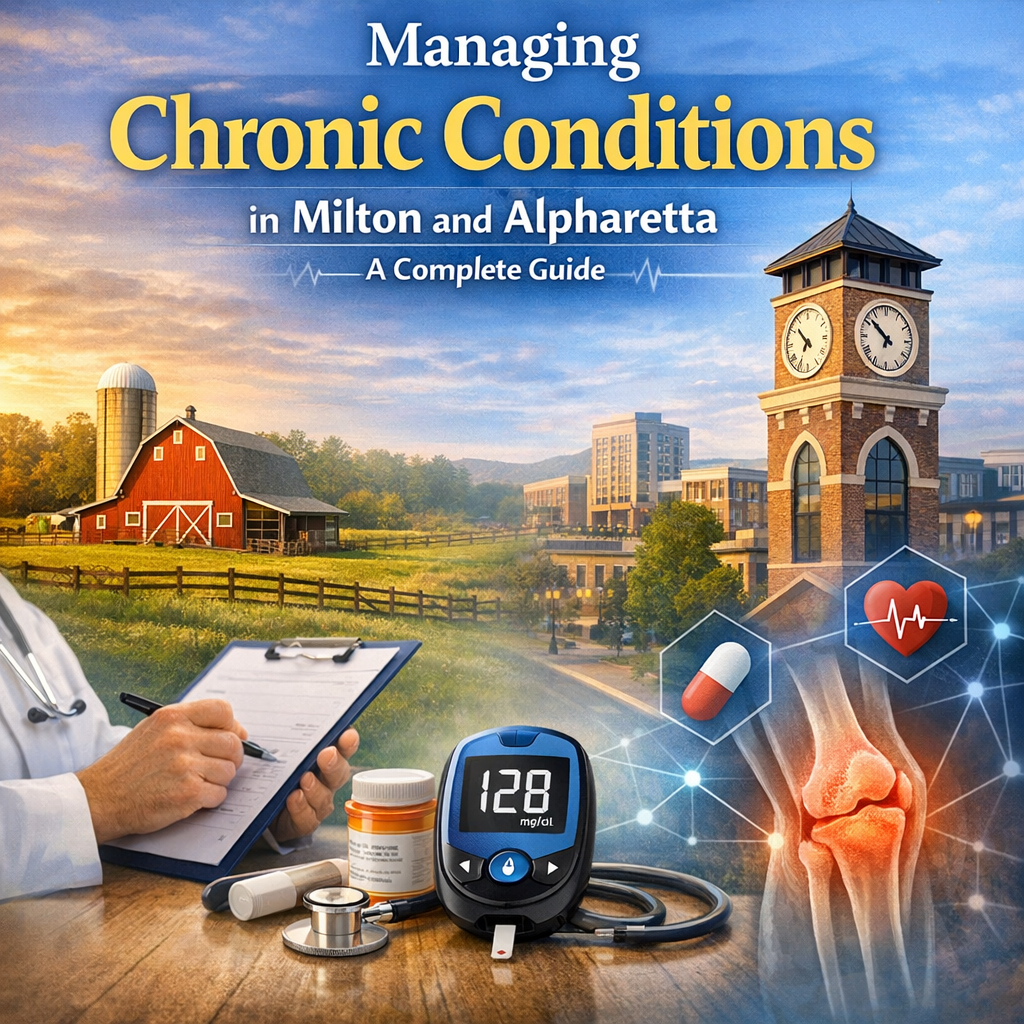 Cover of a guide showing medical tools and landmarks of Milton and Alpharetta for chronic condition management.