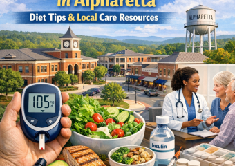 A collage depicting healthy foods, Alpharetta landmarks, and healthcare symbols related to diabetes management.