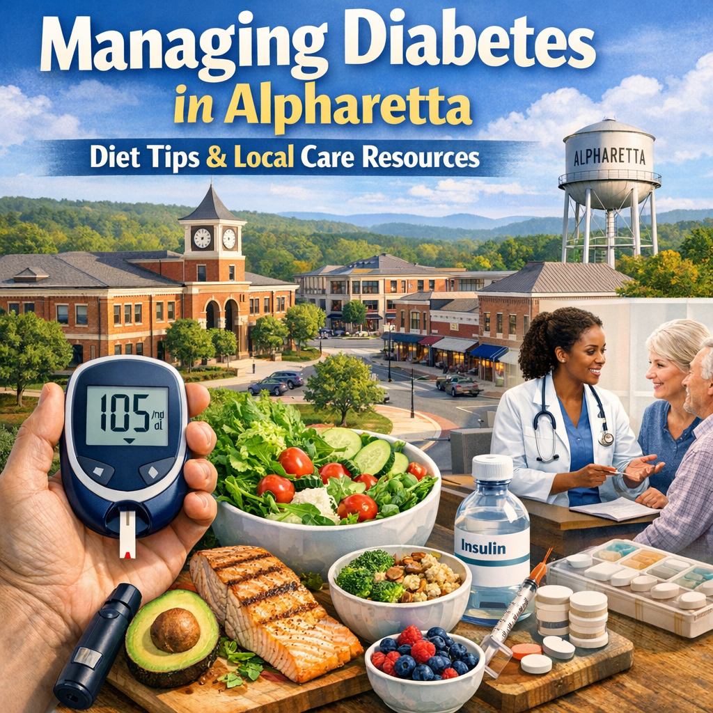 A collage depicting healthy foods, Alpharetta landmarks, and healthcare symbols related to diabetes management.