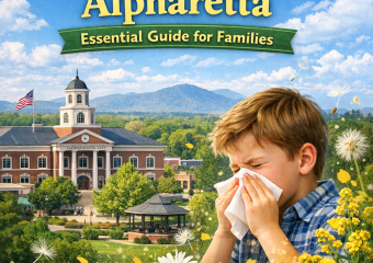 Child sneezing into a tissue outside, surrounded by spring flowers, representing seasonal allergies in Alpharetta.