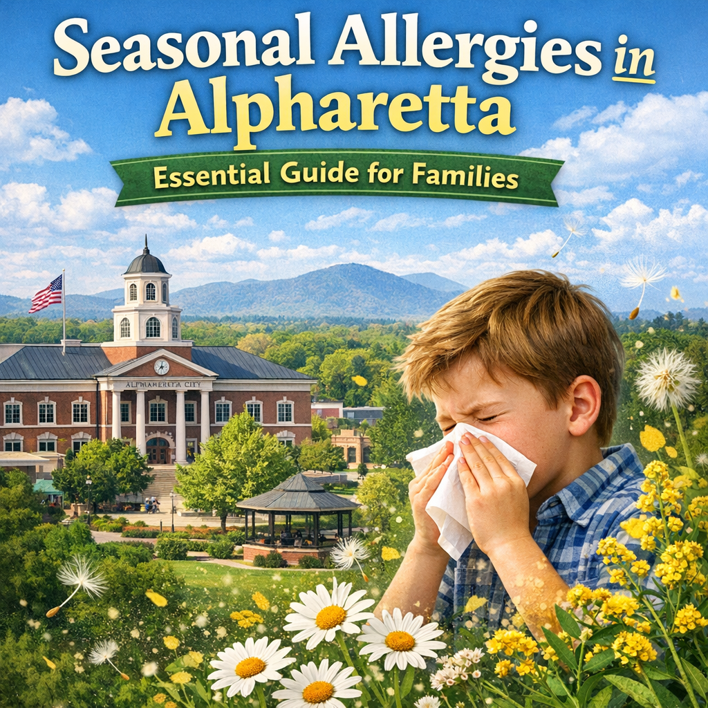 Child sneezing into a tissue outside, surrounded by spring flowers, representing seasonal allergies in Alpharetta.