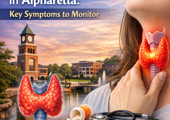 Illustration of a human thyroid with labeled symptoms, set against a backdrop of Alpharetta.