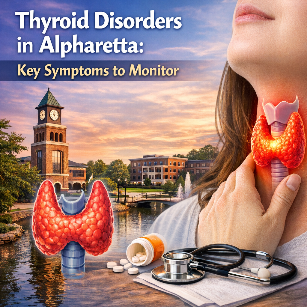 Illustration of a human thyroid with labeled symptoms, set against a backdrop of Alpharetta.