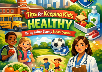 Children eating fruits in a Fulton County classroom while a teacher supervises.