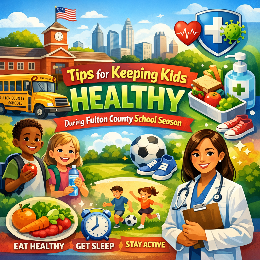 Children eating fruits in a Fulton County classroom while a teacher supervises.