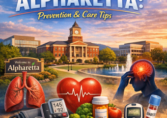 Collage of icons for heart health, blood pressure, diabetes, and respiratory care related to Alpharetta health concerns.
