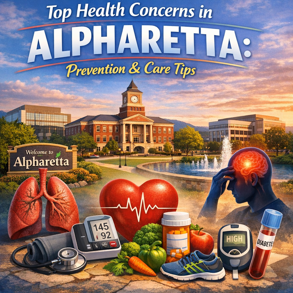 Collage of icons for heart health, blood pressure, diabetes, and respiratory care related to Alpharetta health concerns.