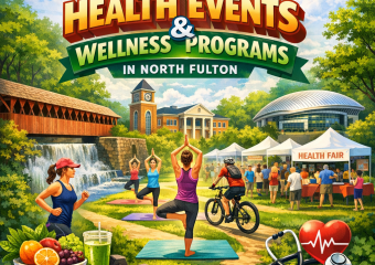 Illustration of people participating in outdoor yoga, visiting health booths, and choosing fruits at a market.