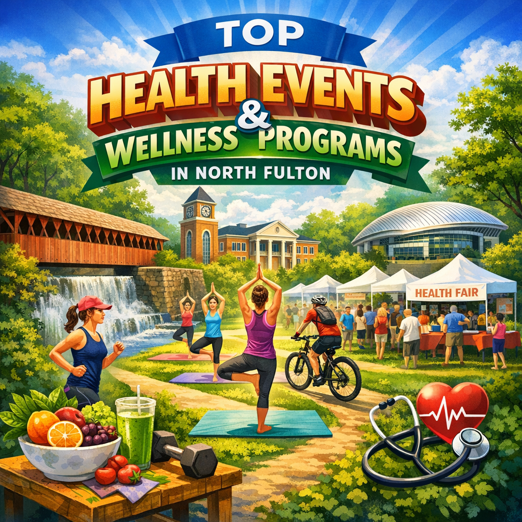 Illustration of people participating in outdoor yoga, visiting health booths, and choosing fruits at a market.
