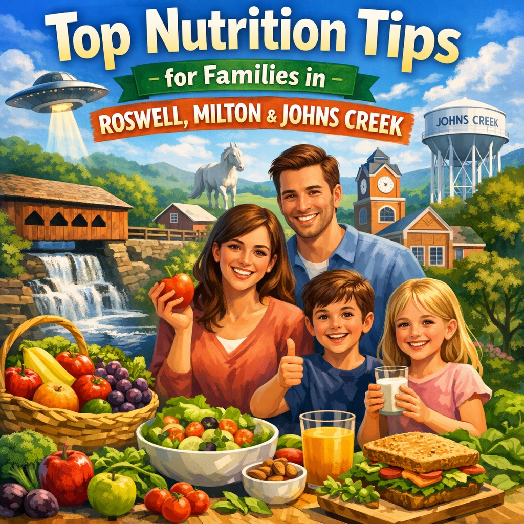 Family enjoying a healthy meal together with scenic views of Roswell, Milton, and Johns Creek in the background.