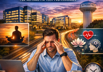 Text on a calming blue background showing "Stress Management Tips for Alpharetta Tech Professionals".