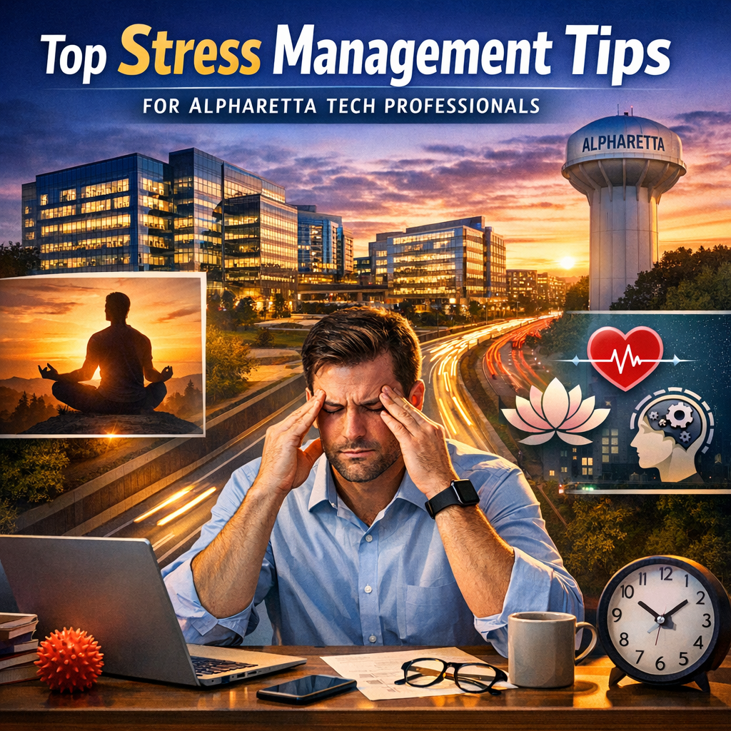 Text on a calming blue background showing "Stress Management Tips for Alpharetta Tech Professionals".