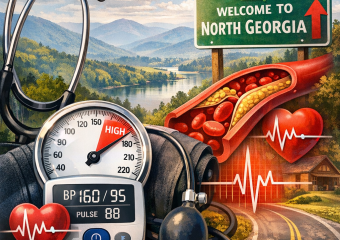 Illustration of an artery and North Georgia welcome sign, symbolizing local awareness of high blood pressure.