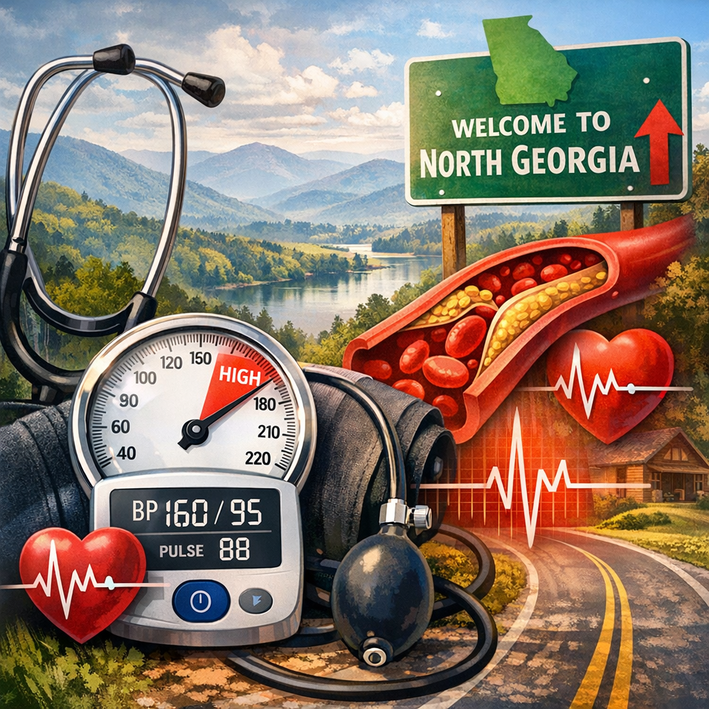 Illustration of an artery and North Georgia welcome sign, symbolizing local awareness of high blood pressure.